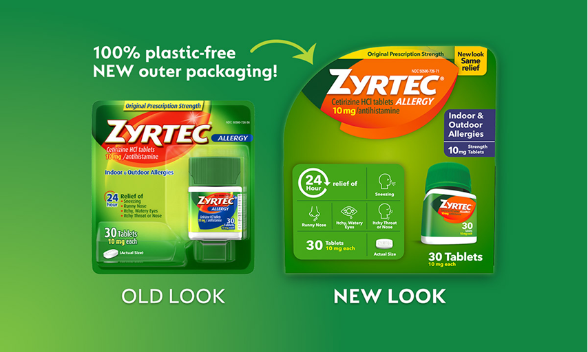 Comparison of Zyrtec packaging: old look on the left featuring plastic packaging, and new plastic-free design on the right highlighting eco-friendly updates.