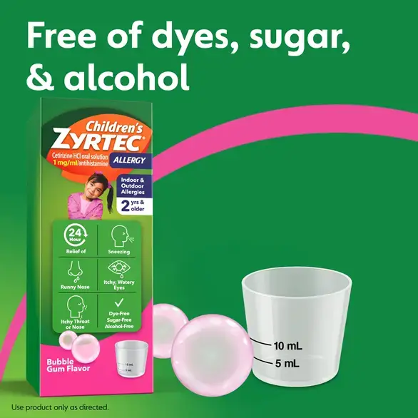 Children's ZYRTEC® Bubble Gum Syrup packaging on green background next to an illustration of bubble gum and dosing cup with the text "Free of dyes, sugar & alcohol"
