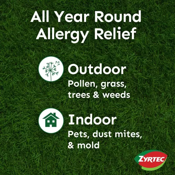 Diagram of Zyrtec all year round allergy relief from outdoor and indoor causing allergens