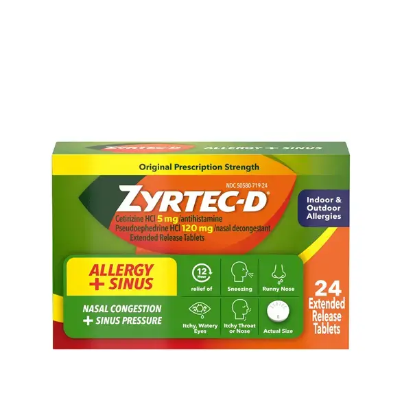 Product pack shot of ZYRTEC®-D Allergy Relief Tablets with Decongestant and Cetirizine HCl