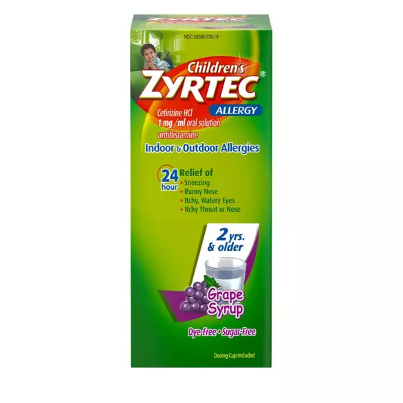 Imagen del paquete del producto Children's ZYRTEC® Dye-Free Grape Allergy Relief Syrup