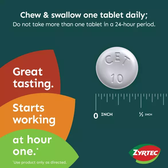 Zyrtec Dye-Free Chewable Allergy Medicine size comparison chart & dosing information 