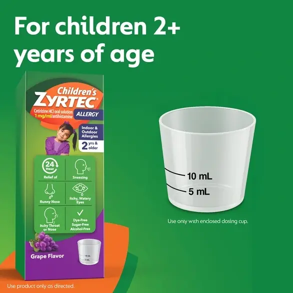 Children's ZYRTEC®  Grape Syrup packaging on green background next to a dosing cup with the text "For children 2+ years of age"