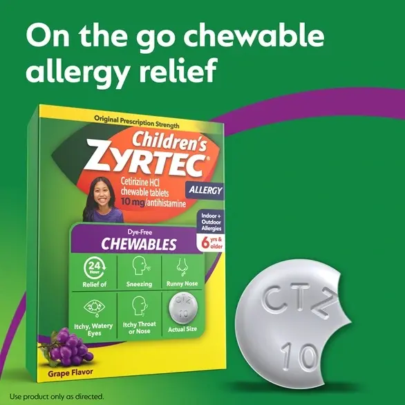 Children's ZYRTEC® Dye Free Chewables box on green background with the text "On the go chewable allergy relief" with a photo of the chewable tablet  with a bite missing.