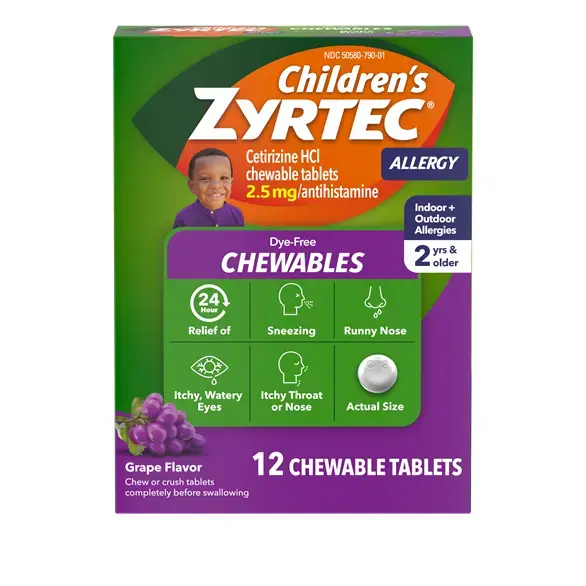 Packaging for Children’s ZYRTEC® Dye Free Chewables for ages 2+