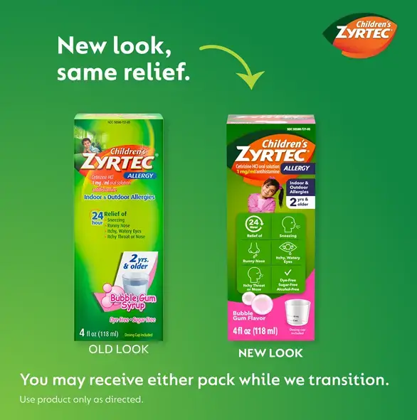 Transition image showing the old vs. new packaging for Children's ZYRTEC® Bubble Gum Syrup