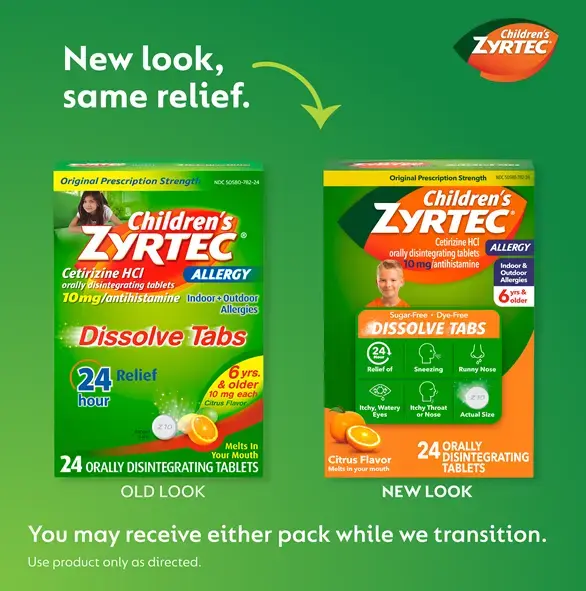 Transition image showing the old vs. new packaging for Children's ZYRTEC®  Dissolve Tabs 