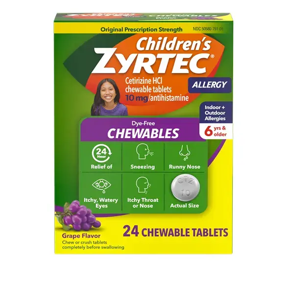 Packaging for Children’s ZYRTEC® Dye Free Chewables for ages 6+
