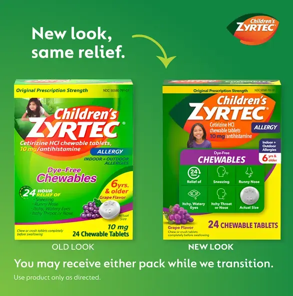 Transition image showing the old vs. new packaging for Children's ZYRTEC®  Dye Free Chewables