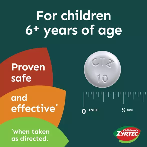 Imagen de comparación de tamaños de Children's Zyrtec Chewable Allergy Tablet para niños de 6 años en adelante