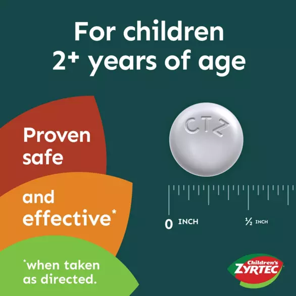 Image of size comparison of the Children's Zyrtec Chewable Allergy Tablet for children 2+ years 