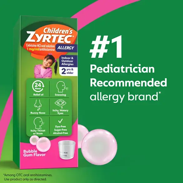 Children's ZYRTEC® Bubble Gum Syrup packaging on green background next to an illustration of bubble gum with the text "#1 pediatrician recommended allergy brand"