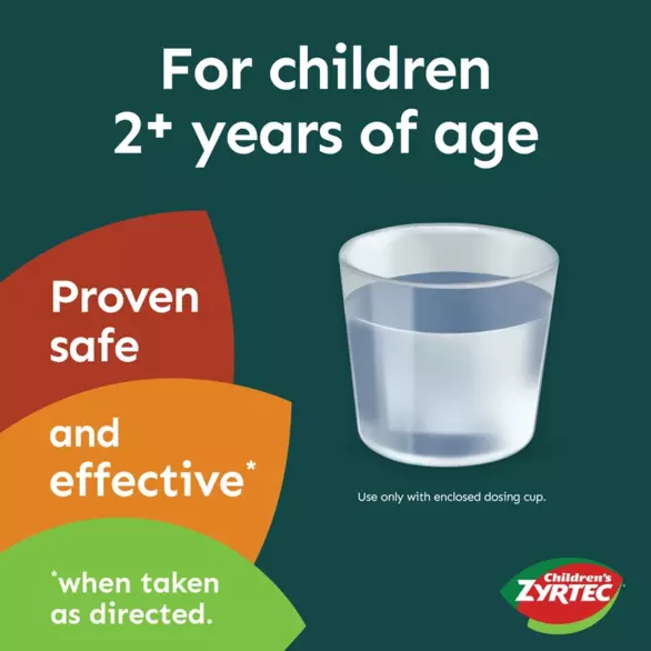 Image of Children's Zyrtec Dye-Free Allergy Relief Syrup in dosing cup for children ages 2+