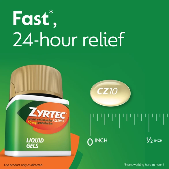 ZYRTEC® Liquid Gels provide fast (starts working hard at hour 1) 24-hour relief
