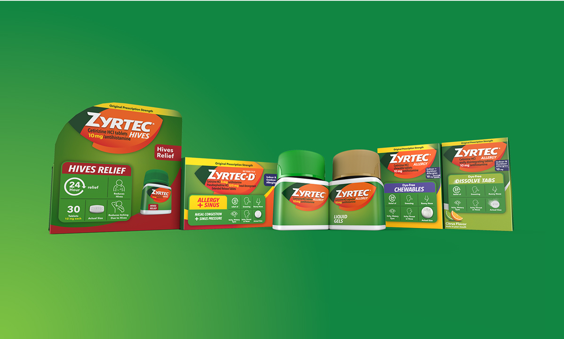 ZYRTEC® allergy products for adults, featuring liquid gels and Zyrtec-D for allergy and sinus relief, designed to alleviate symptoms like nasal congestion and pressure.