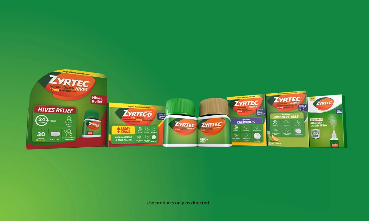 ZYRTEC® allergy products for adults featuring liquid gels and Zyrtec-D for allergy/sinus relief.