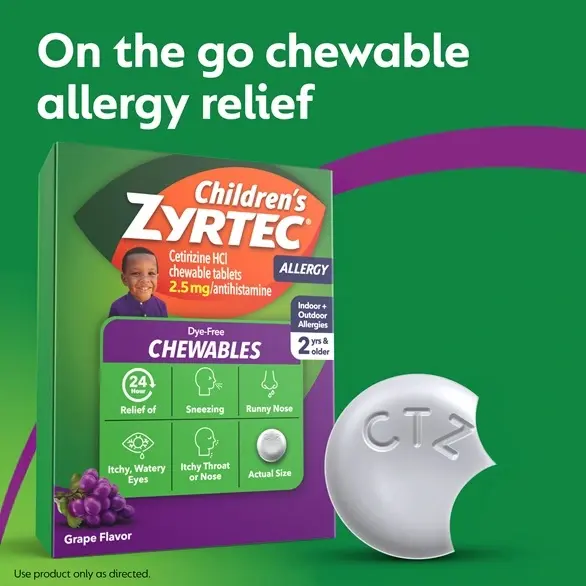 Children's ZYRTEC® Dye Free Chewables box on green background with the text "On the go chewable allergy relief" with a photo of the chewable tablet  with a bite missing.