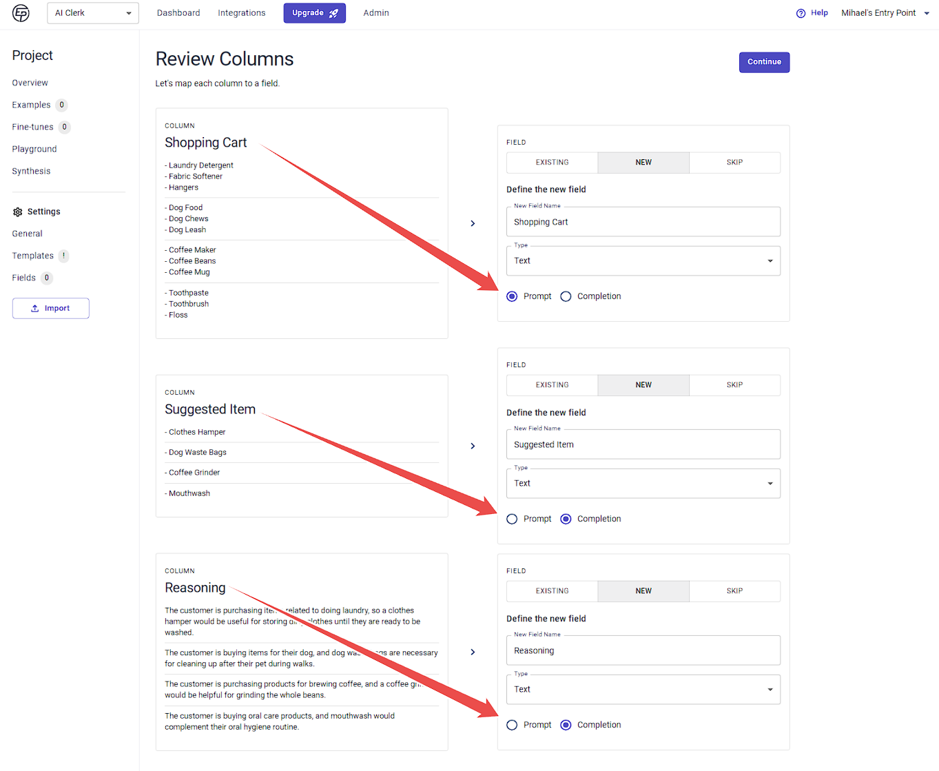 Map CSV Columns to Prompt and Completion Fields