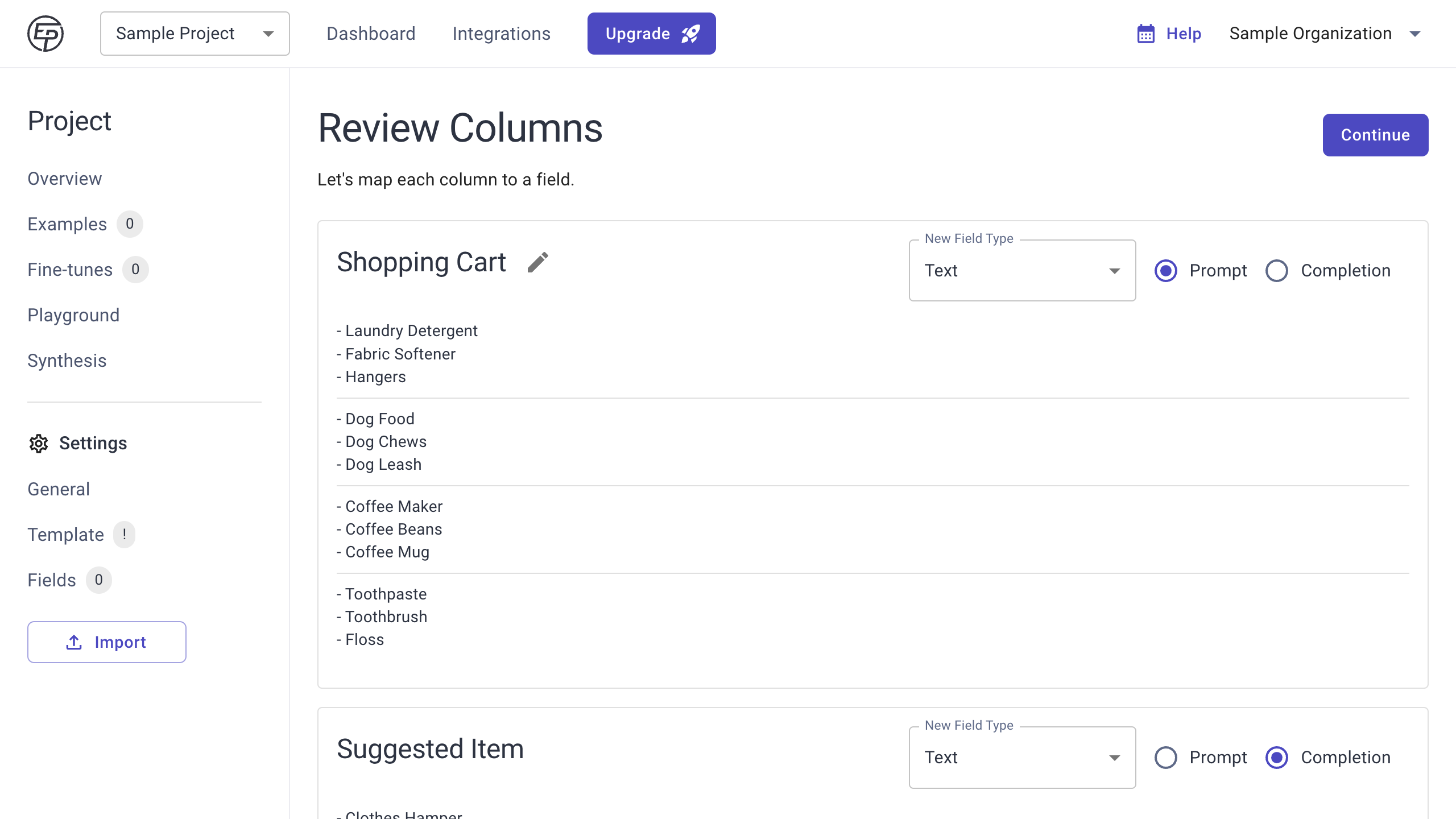 Import CSV Review Columns