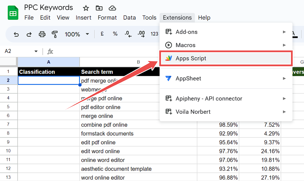 Create an App Script in Google Sheets