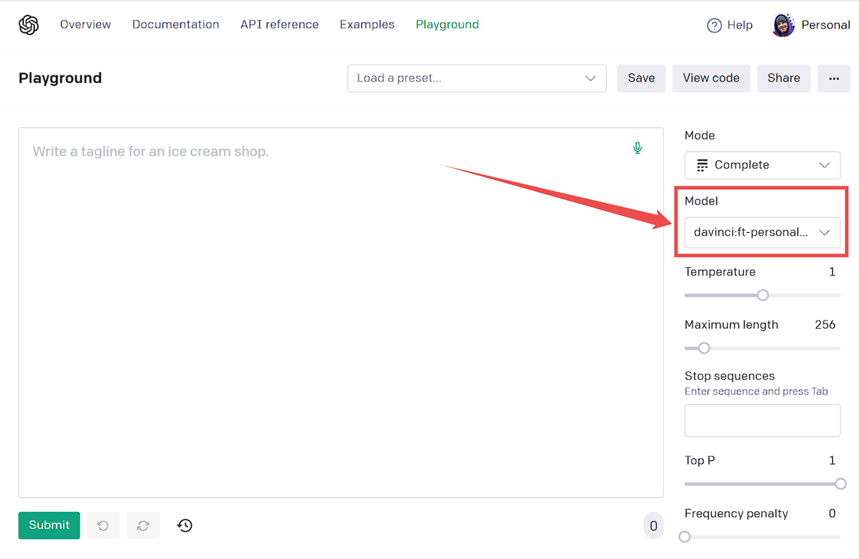 OpenAI playground with custom fine-tune selected
