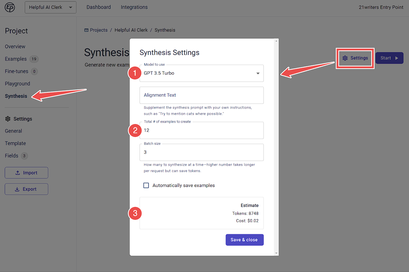 Entry Point data synthesis settings