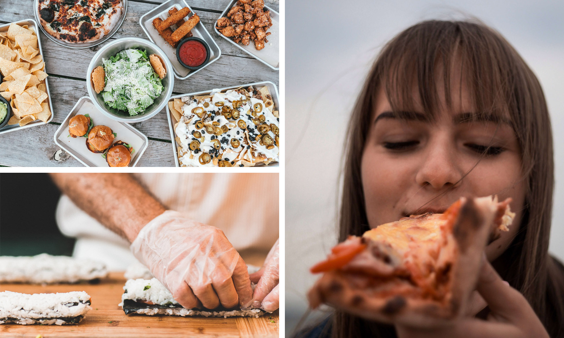 Nahaufnahme von zwei Händen in Handschuhen, die Sushi-Rollen zubereiten. Eine Frau genießt ein Stück Pizza.