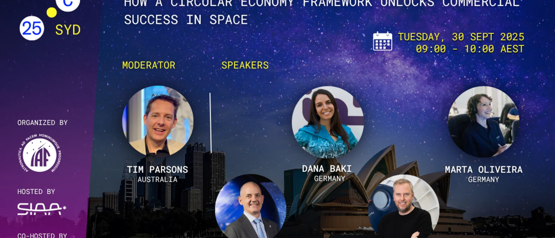 Space conference promotional banner showing plenary session on circular economy with moderator and four speakers against Sydney skyline.