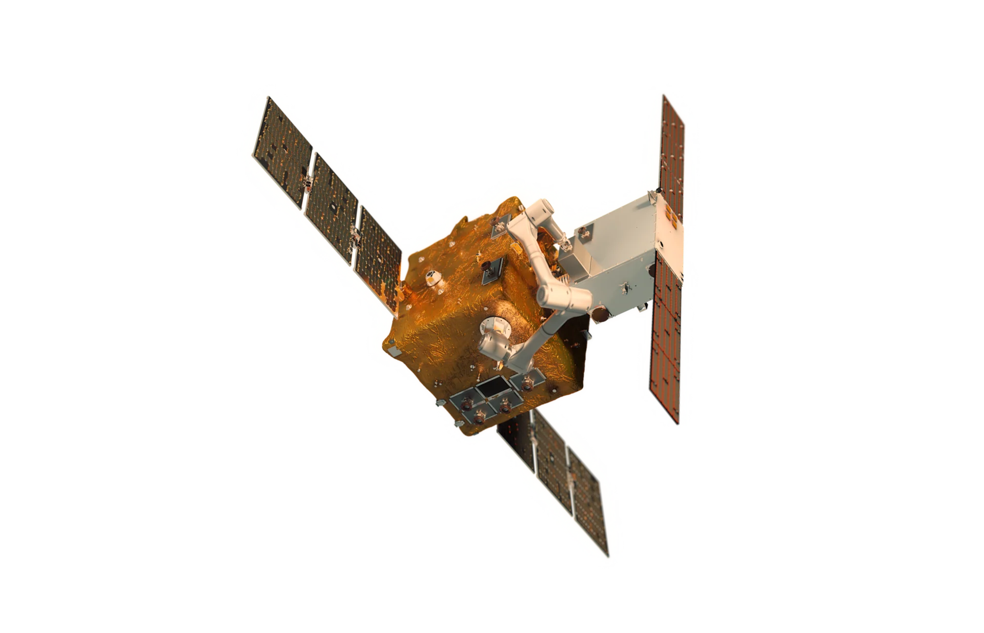 太陽光パネルを展開したIRUSミッションのサービサー衛星が、ロボットアームを使ってクライアント衛星とドッキングし、改修とアップグレードの準備をしているCG画像。