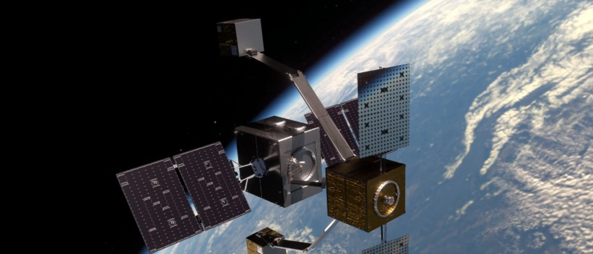 A servicing satellite with deployed counter-masses matching the orbit and rotation of an inactive satellite, allowing safe and agile servicing with a robotic arm.