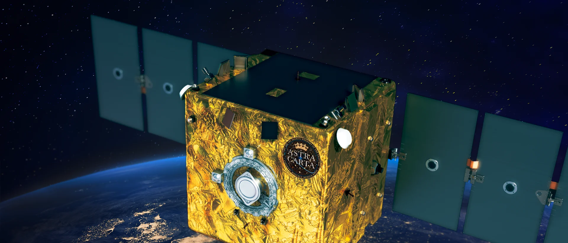 CGI graphic of ELSA-M, including Astra Carta seal, in space over the UK.