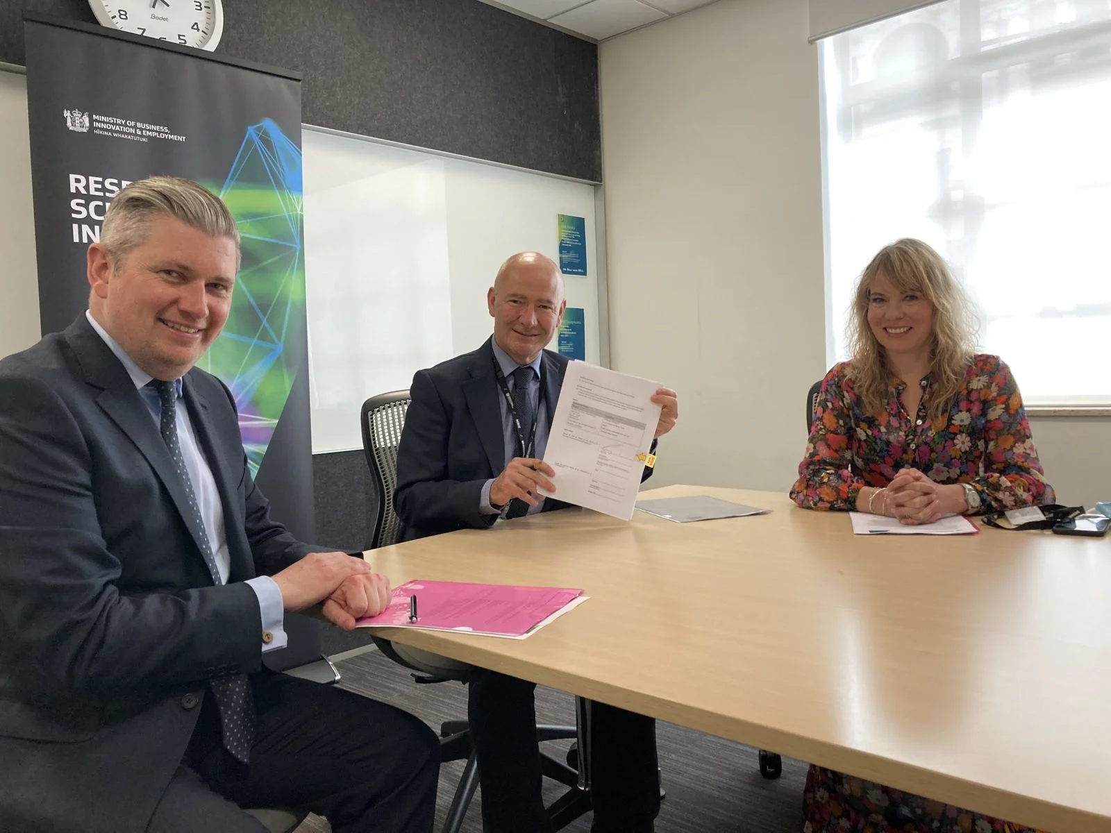 L R Joe McKay, Manager, Strategic Partnership, Paul Stocks, Deputy Secretary Labour, Science and Enterprise, Kjesten Wiig, Director Innovative Partnerships resized
