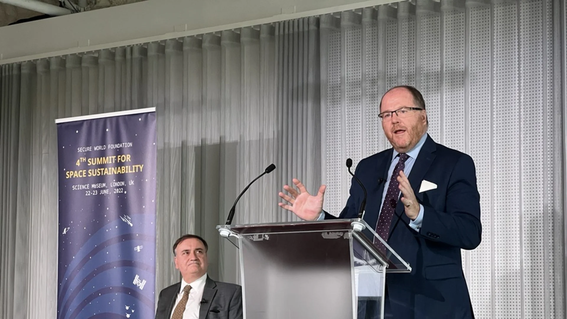 Photo George Freeman delivering Plan for Space Sustainability speech at Summit for Space Sustainability, Science Museum, London, UK on Thursday, June 23 AM.