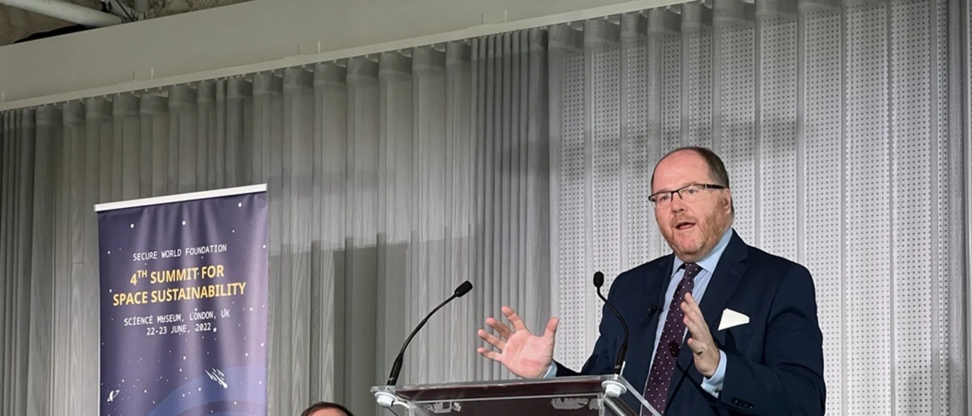 Photo George Freeman delivering Plan for Space Sustainability speech at Summit for Space Sustainability, Science Museum, London, UK on Thursday, June 23 AM.