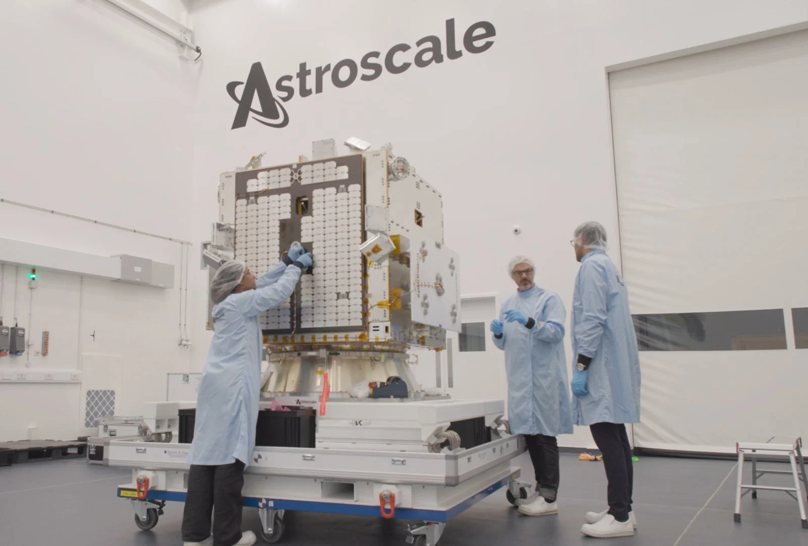 ELSA-M Structural Qualification Model (SQM) being built in the Clean Room in Zeus, the UK Astroscale office.