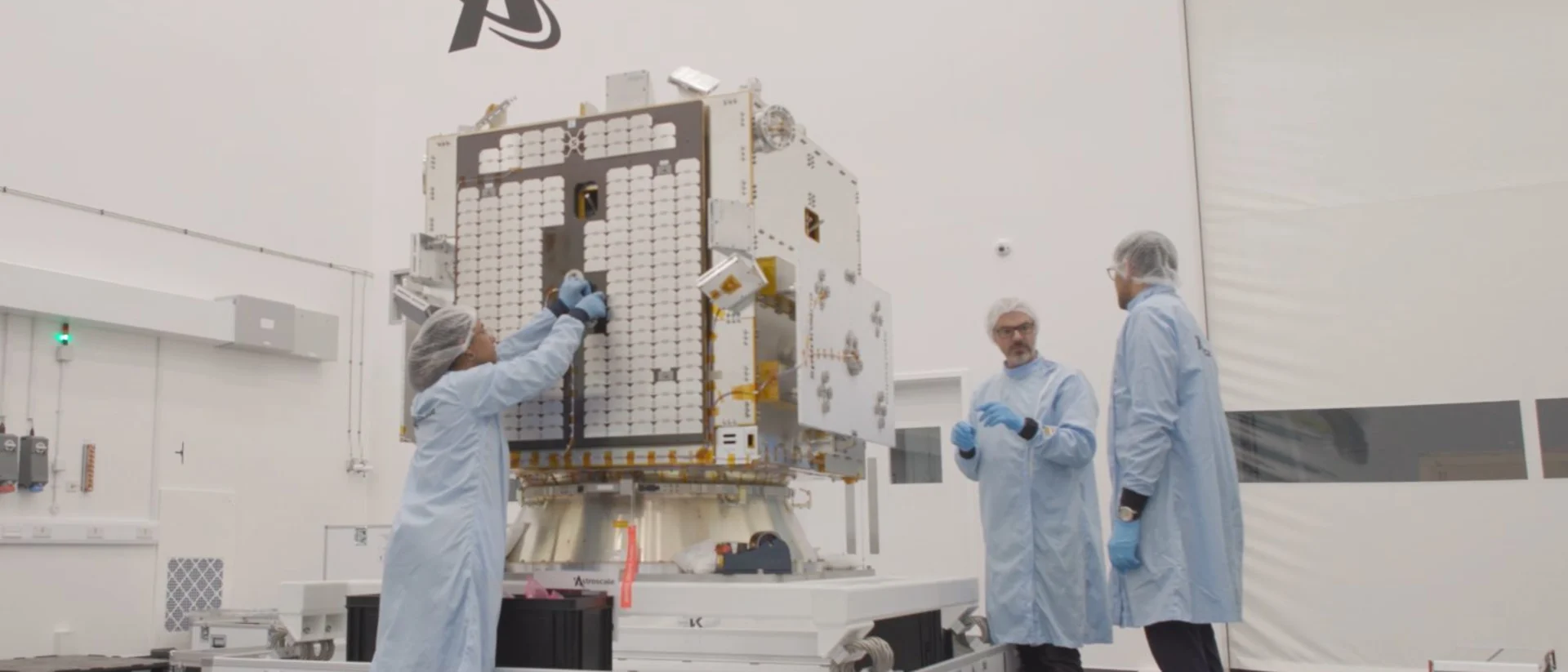 ELSA-M Structural Qualification Model (SQM) being built in the Clean Room in Zeus, the UK Astroscale office.