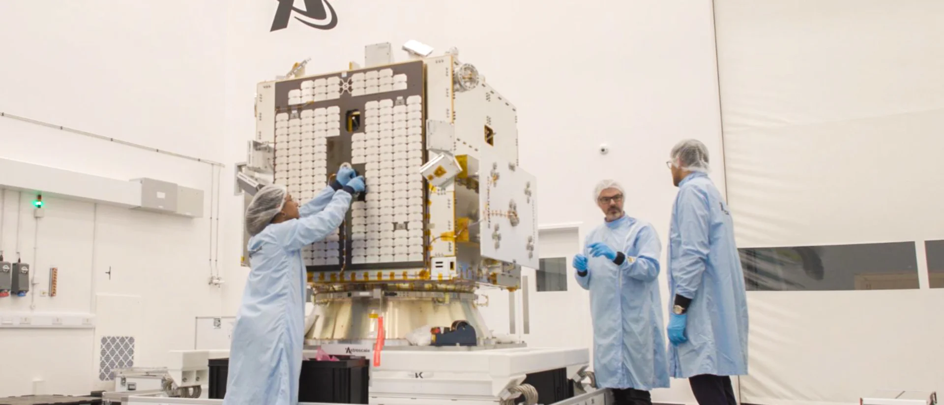 ELSA-M Structural Qualification Model (SQM) being built in the Clean Room in Zeus, the UK Astroscale office.