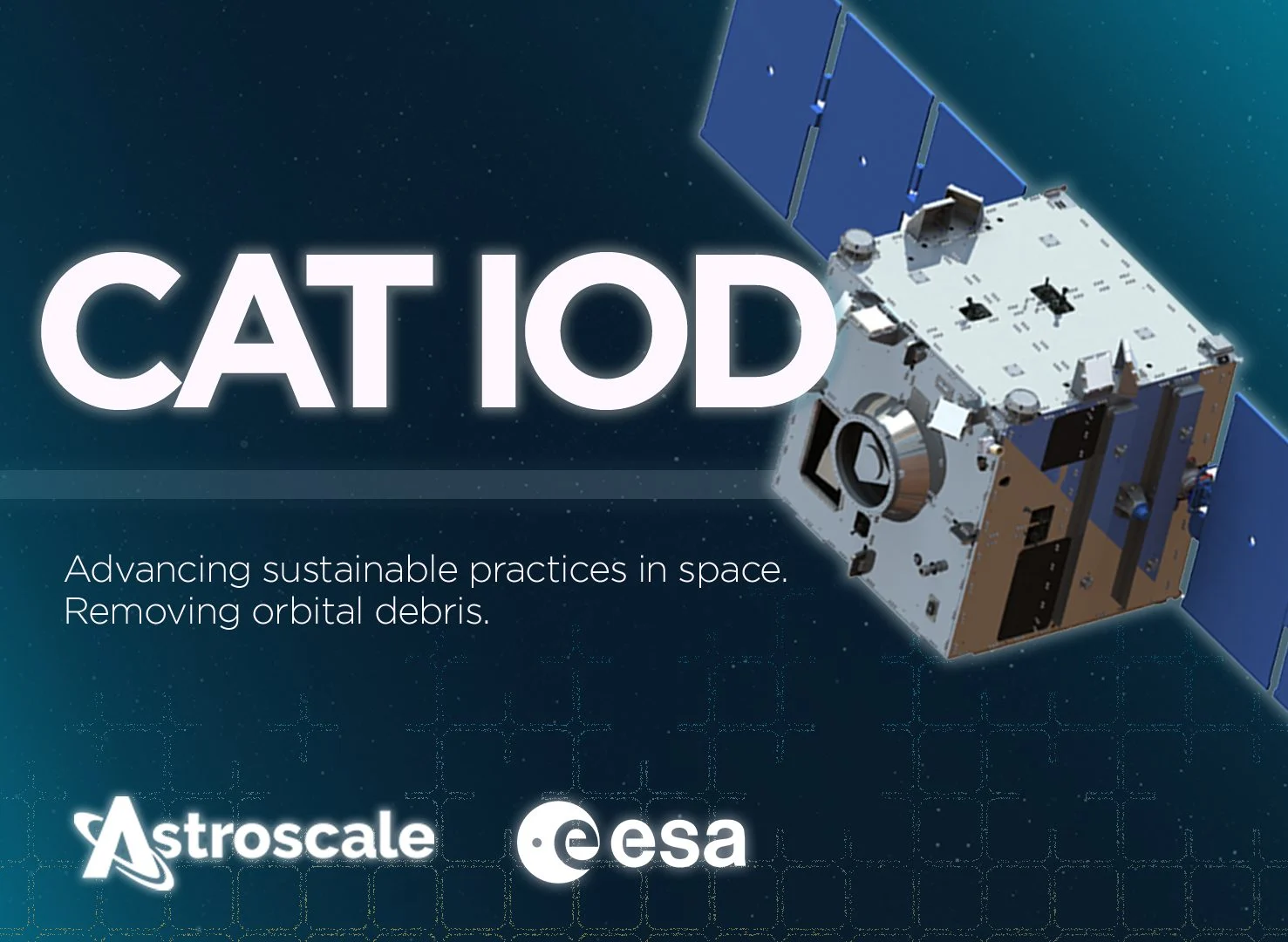 Digital Graphic with CAT IOD text and a CAD graphic of the satellite servicer.