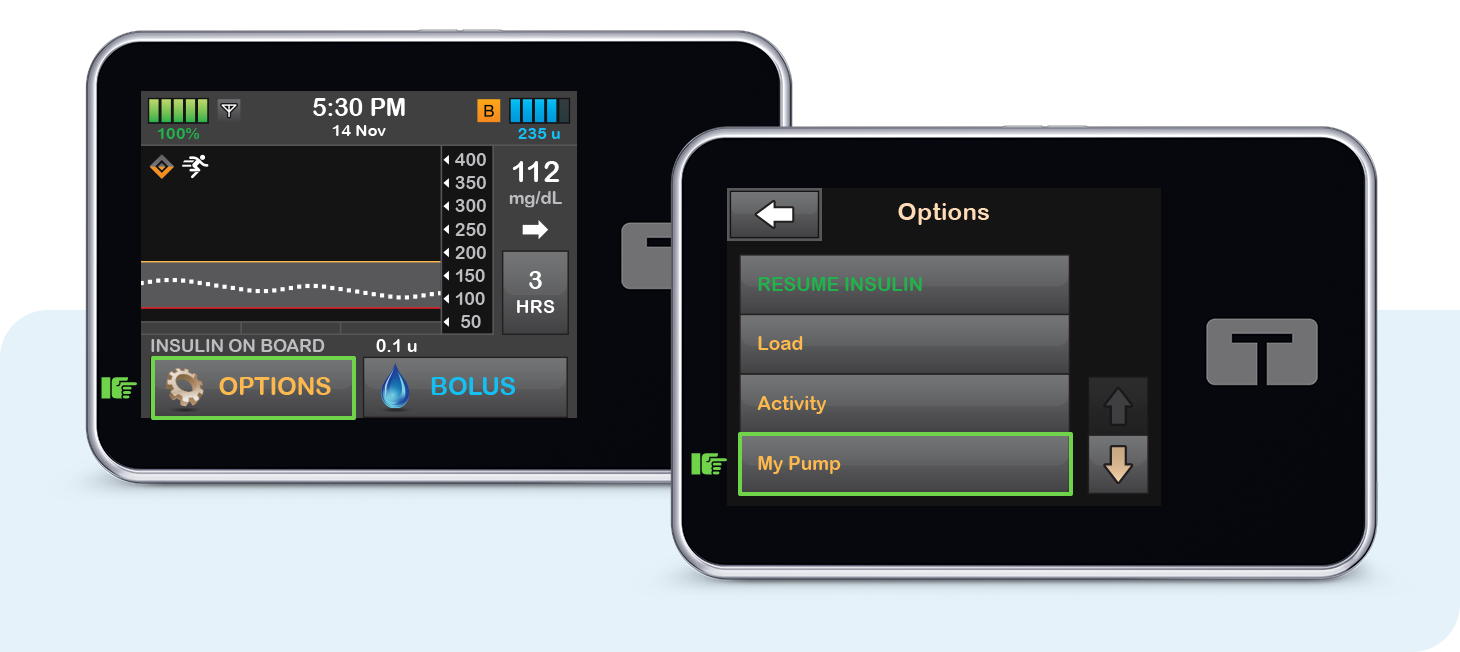 Pump Home and Options screens.