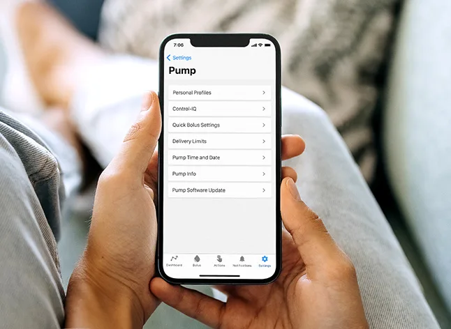 Mobile app Pump Settings screen