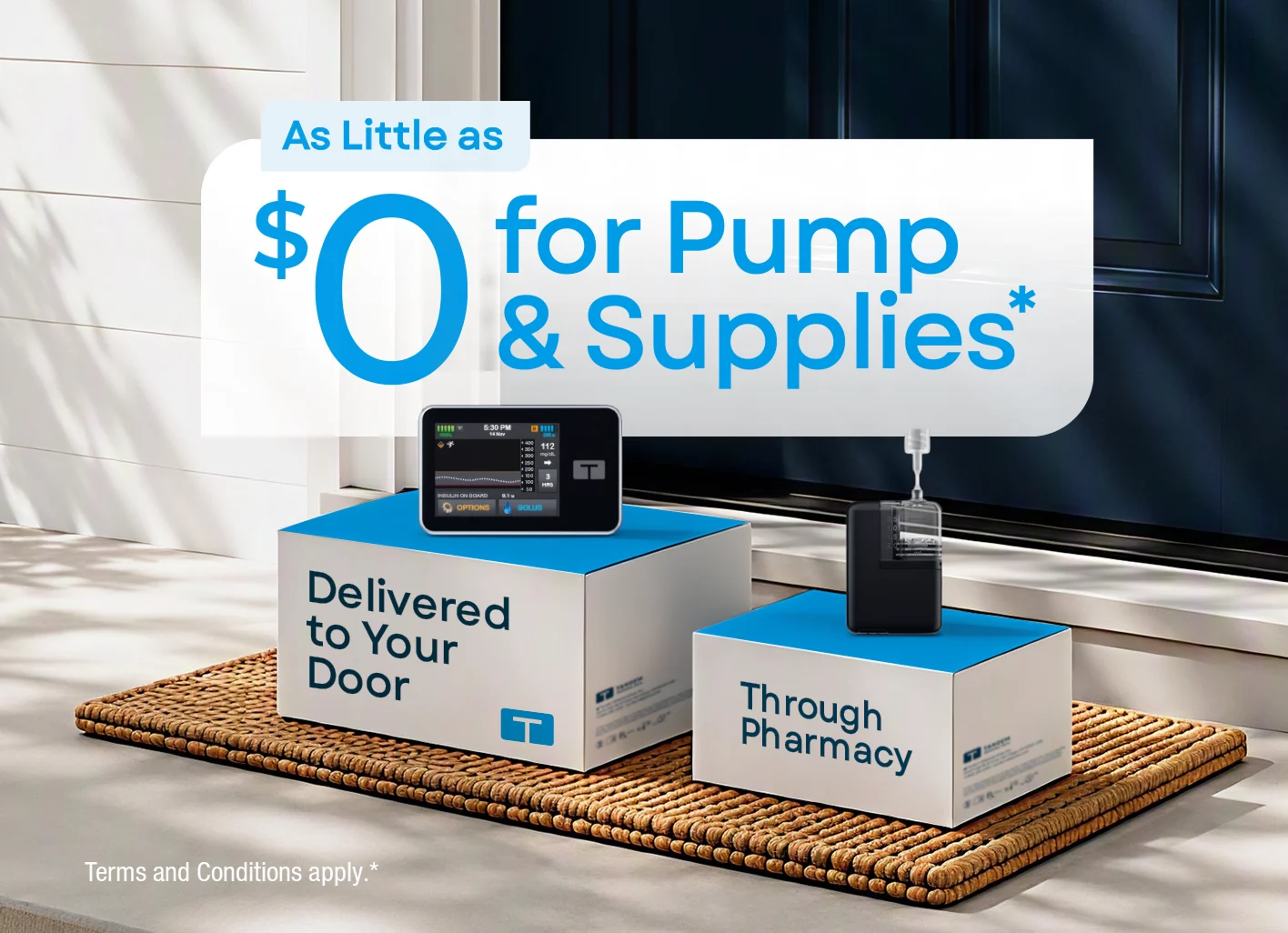 Text in image: As little as $0 for Pumps & Supplies* Delivered to Your Door Through Pharmacy. Terms and conditions apply.