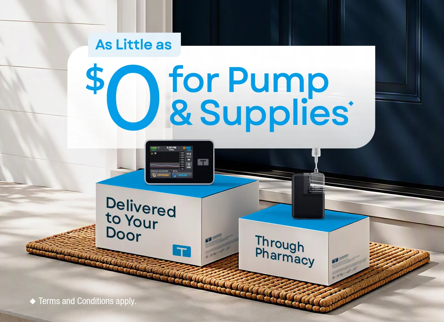 Text in image: As little as $0 for Pumps & Supplies◆ Delivered to Your Door Through Pharmacy. Terms and conditions apply.