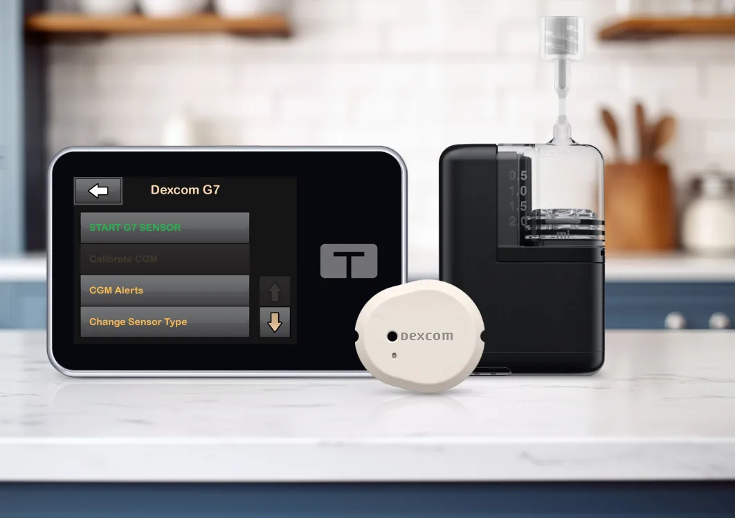 Tandem t:slim X2 and Mobi insulin pumps shown next to a Dexcom G7 sensor