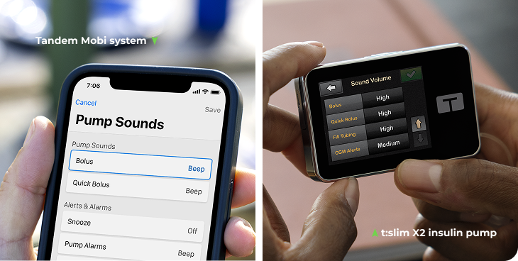Pump Sounds settings on the Tandem Mobi mobile app and Sound Volume settings on the t:slim X2 pump