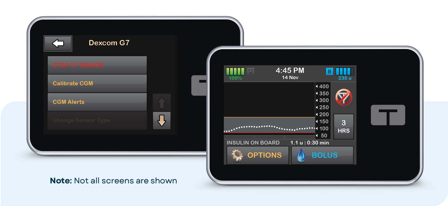 t:slim X2 insulin pump screen showing option to Stop G7 Sensor and indicator on main screen
