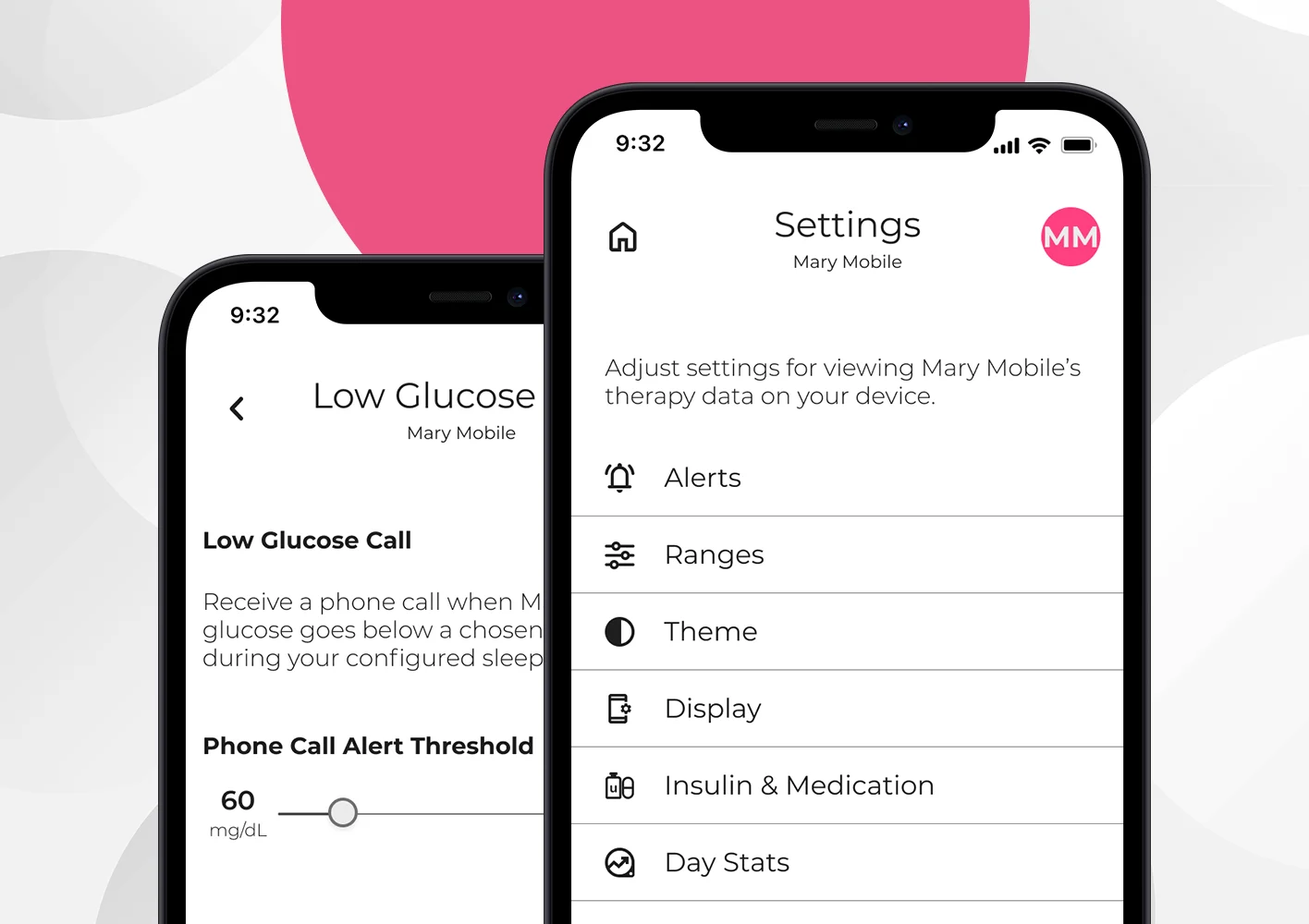 Settings screen on Sugarmate App