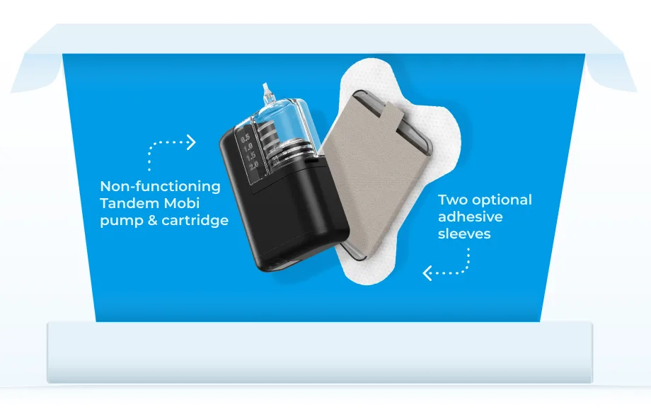 Included in the kit: non-functioning Tandem Mobi pump and cartridge, and two optional adhesive sleeves