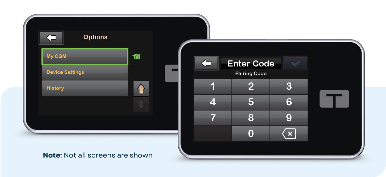 t:slim X2 insulin pump screen showing how to get to the Enter Code screen for pairing the CGM