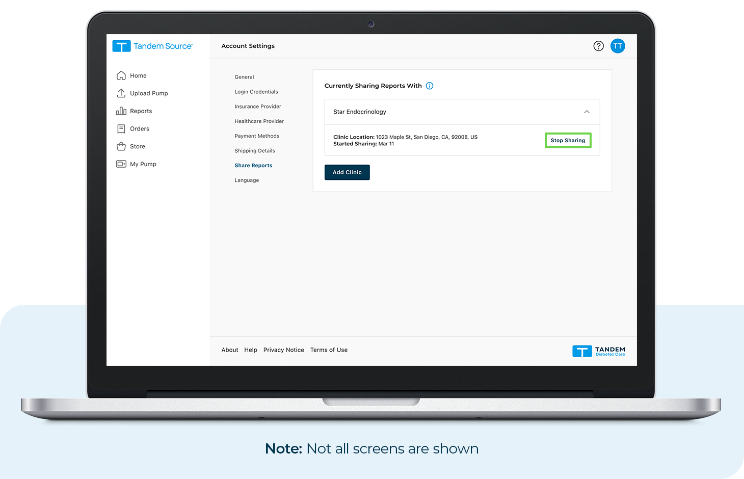 Stop sharing reports with healthcare provider in Tandem Source