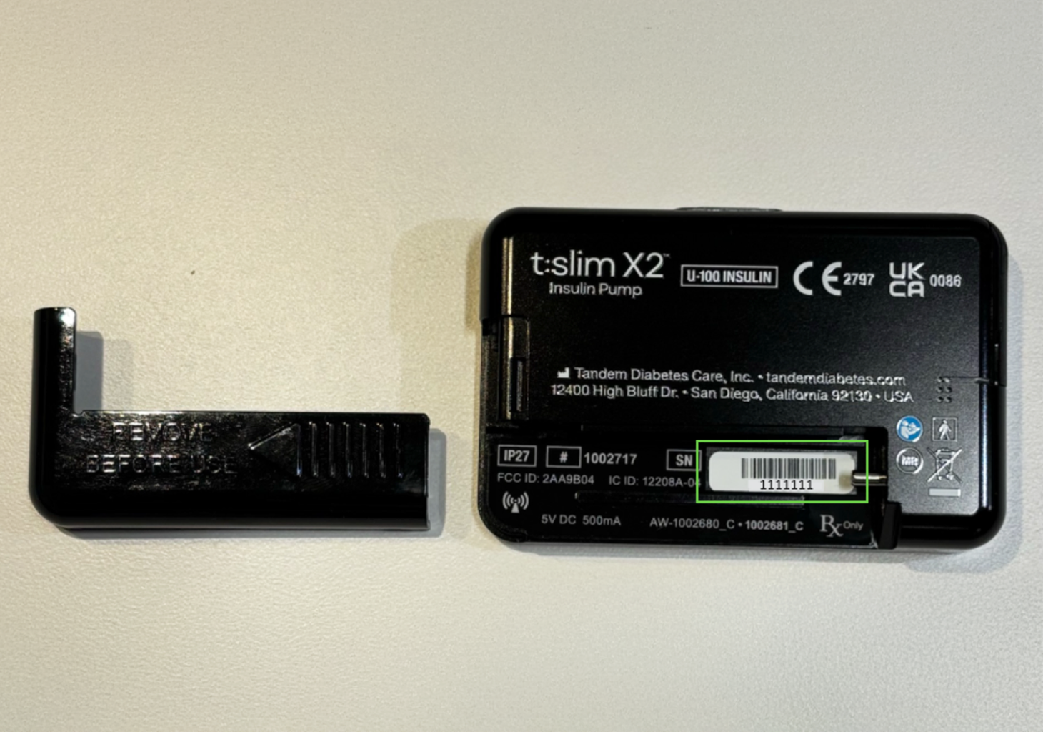 Serial number located on the back of t:slim X2 pump
